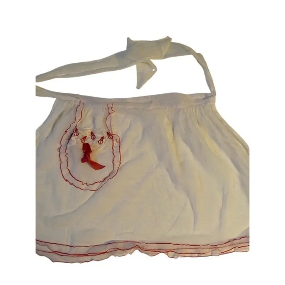 Vintage Red &‎ White Sheer 1950s Hostess Apron Embroidered Christmas Holiday
